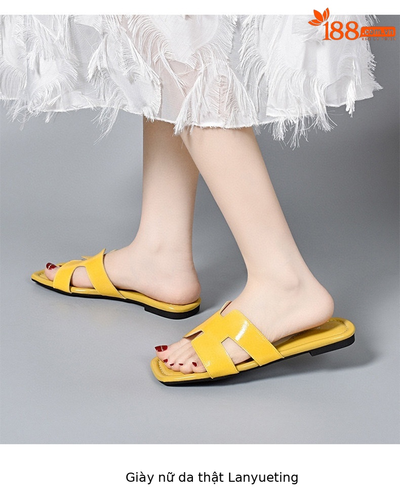 Dép sandal nữ da thật đế bệt quai chữ V hở mũi — màu đen chi tiết 8