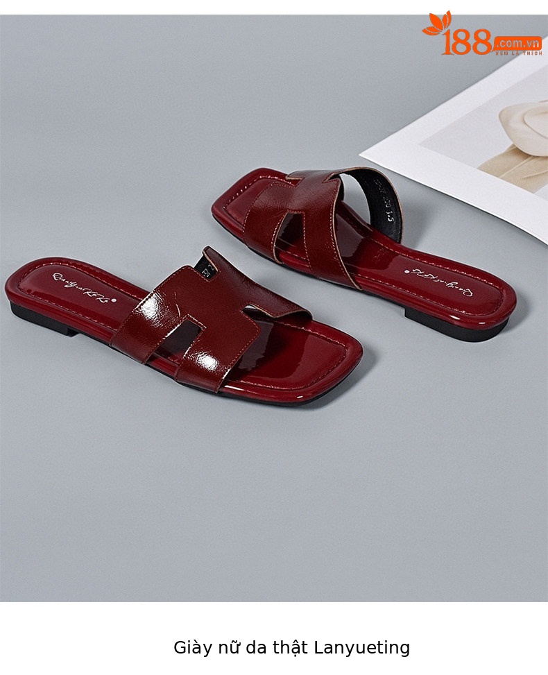 Dép sandal nữ da thật đế bệt quai chữ V hở mũi — màu đen chi tiết 9