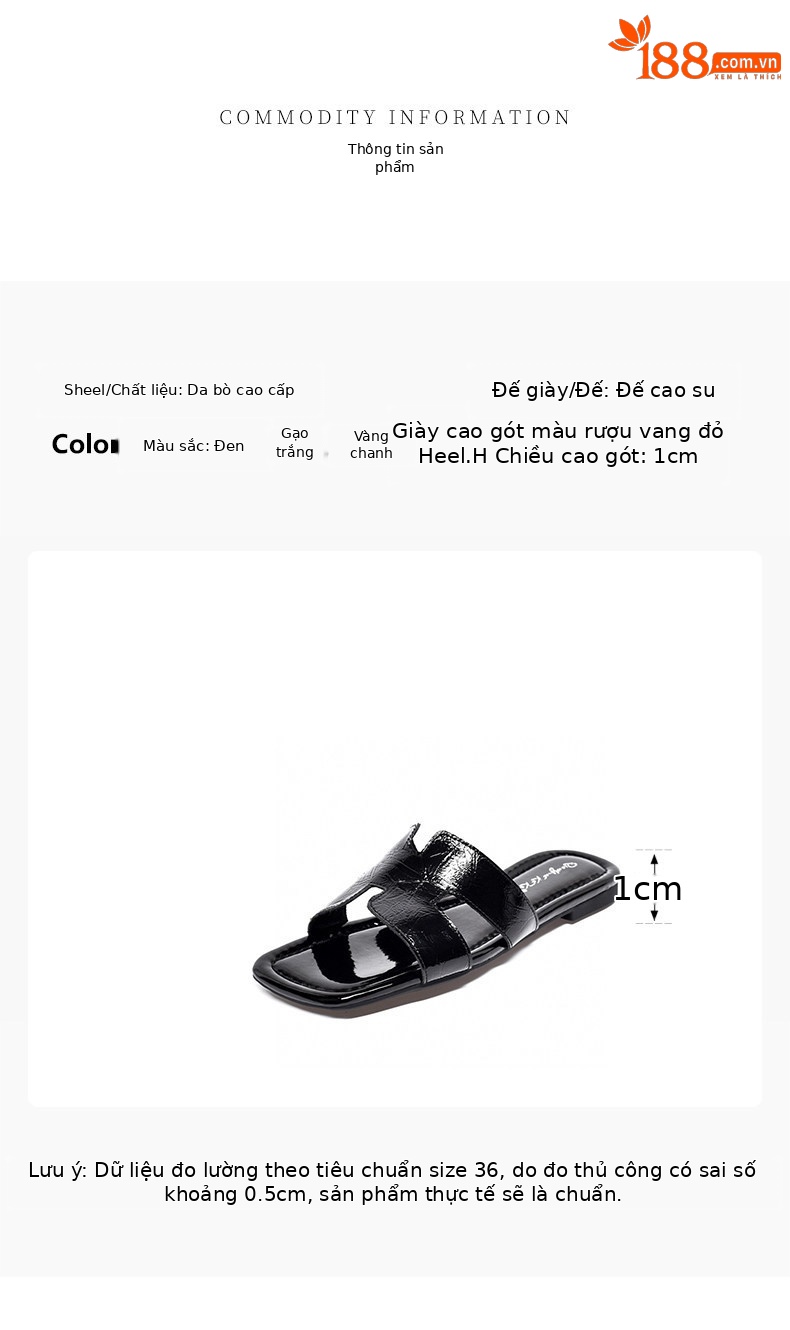 Dép sandal nữ da thật đế bệt quai chữ V hở mũi — màu đen chi tiết 1
