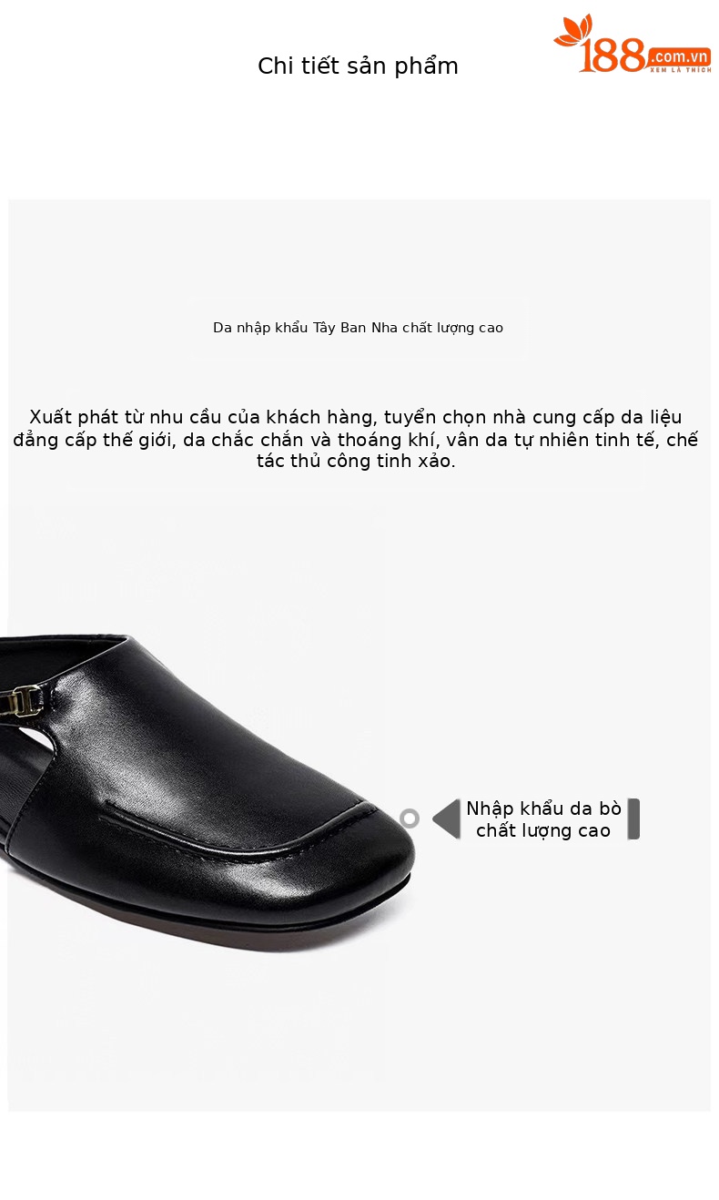 Dép sandal nữ da thật mũi vuông gót thấp đế mềm — màu đen chi tiết 2