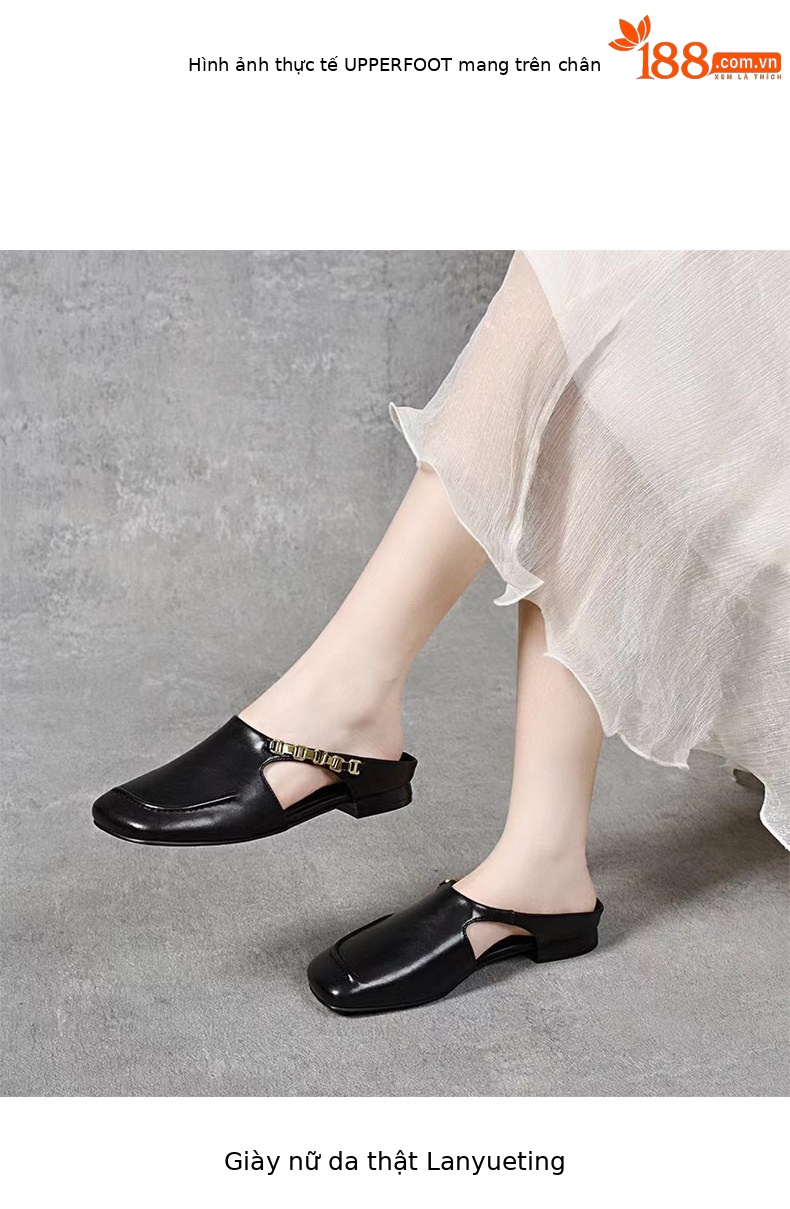 Dép sandal nữ da thật mũi vuông gót thấp đế mềm — màu đen chi tiết 3