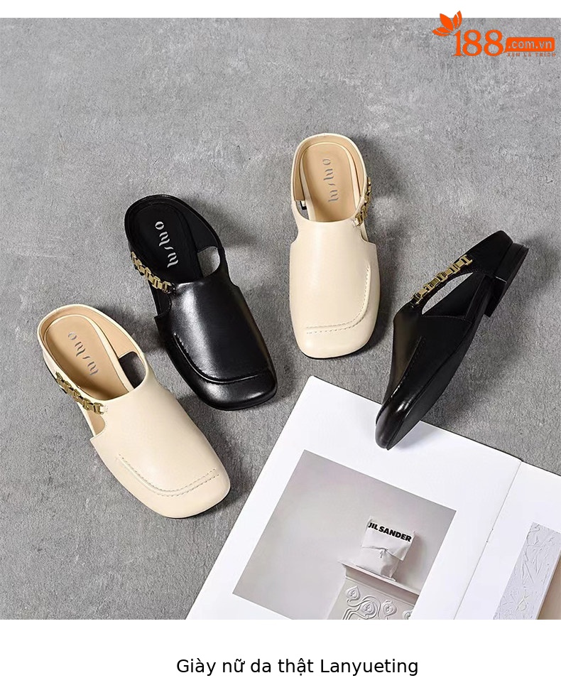 Dép sandal nữ da thật mũi vuông gót thấp đế mềm — màu đen chi tiết 4