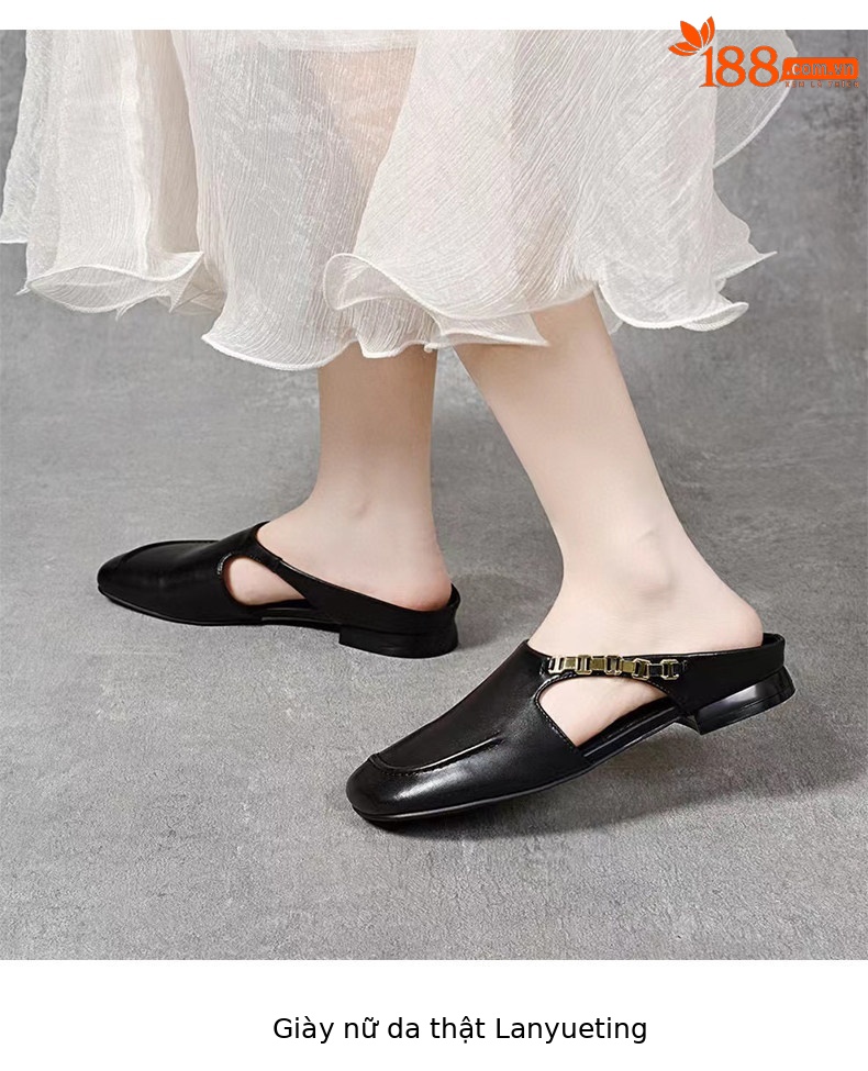 Dép sandal nữ da thật mũi vuông gót thấp đế mềm — màu đen chi tiết 5