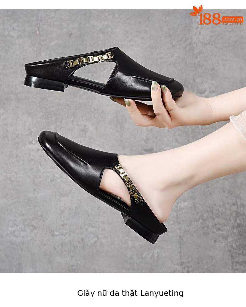 Dép sandal nữ da thật mũi vuông gót thấp đế mềm — màu đen chi tiết 6