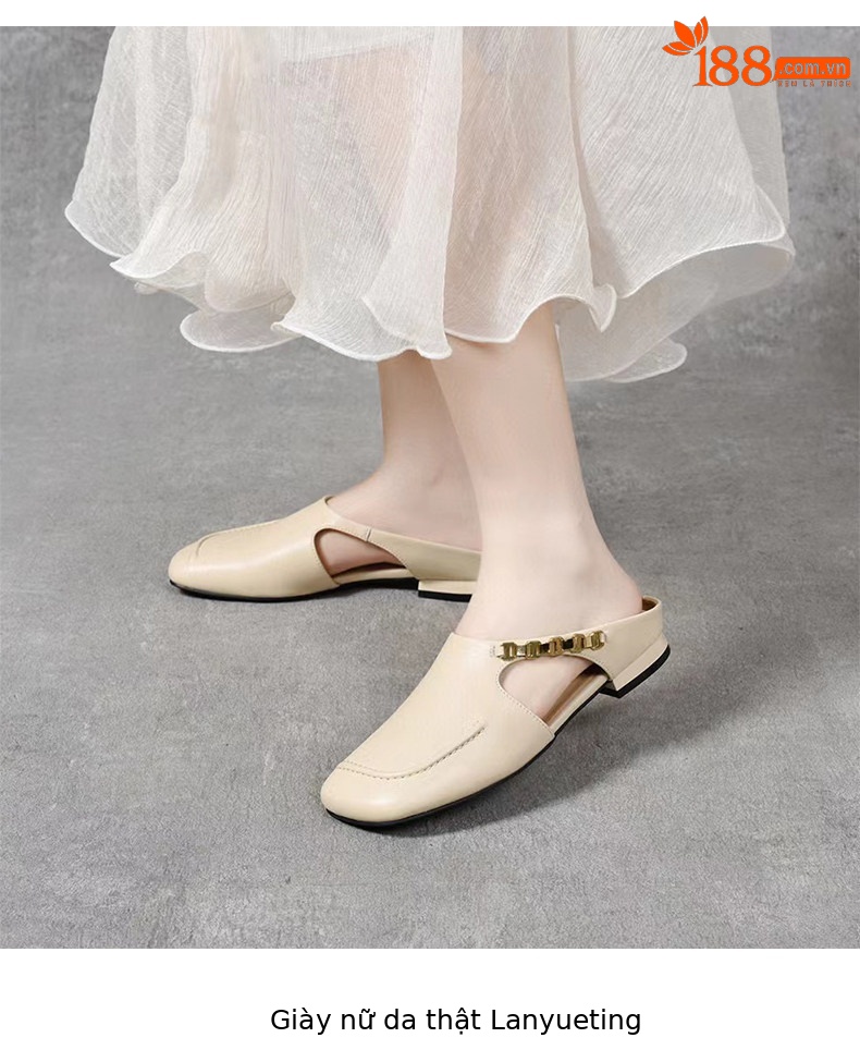 Dép sandal nữ da thật mũi vuông gót thấp đế mềm — màu đen chi tiết 7