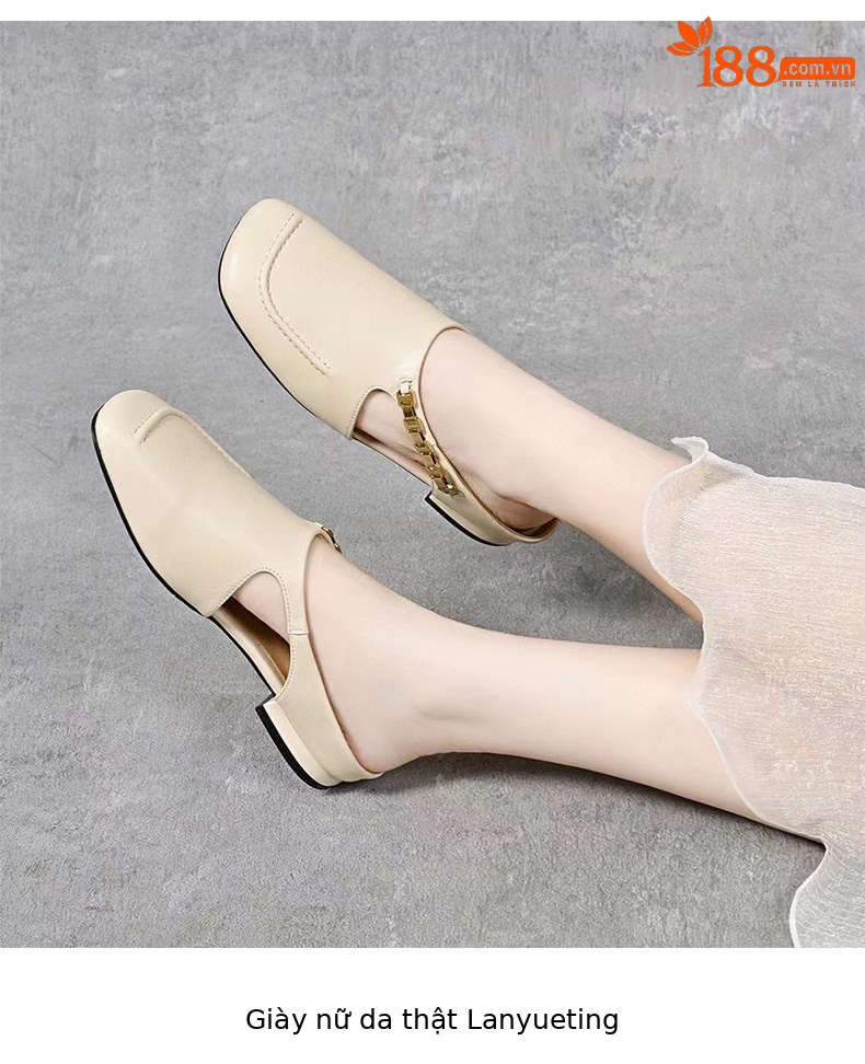 Dép sandal nữ da thật mũi vuông gót thấp đế mềm — màu đen chi tiết 8