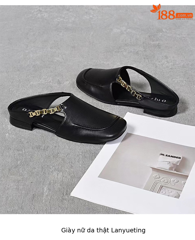 Dép sandal nữ da thật mũi vuông gót thấp đế mềm — màu đen chi tiết 9