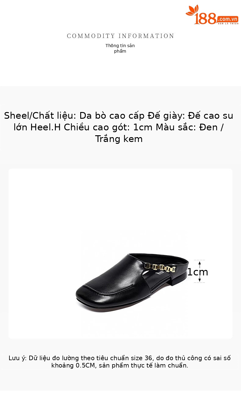 Dép sandal nữ da thật mũi vuông gót thấp đế mềm — màu đen chi tiết 1