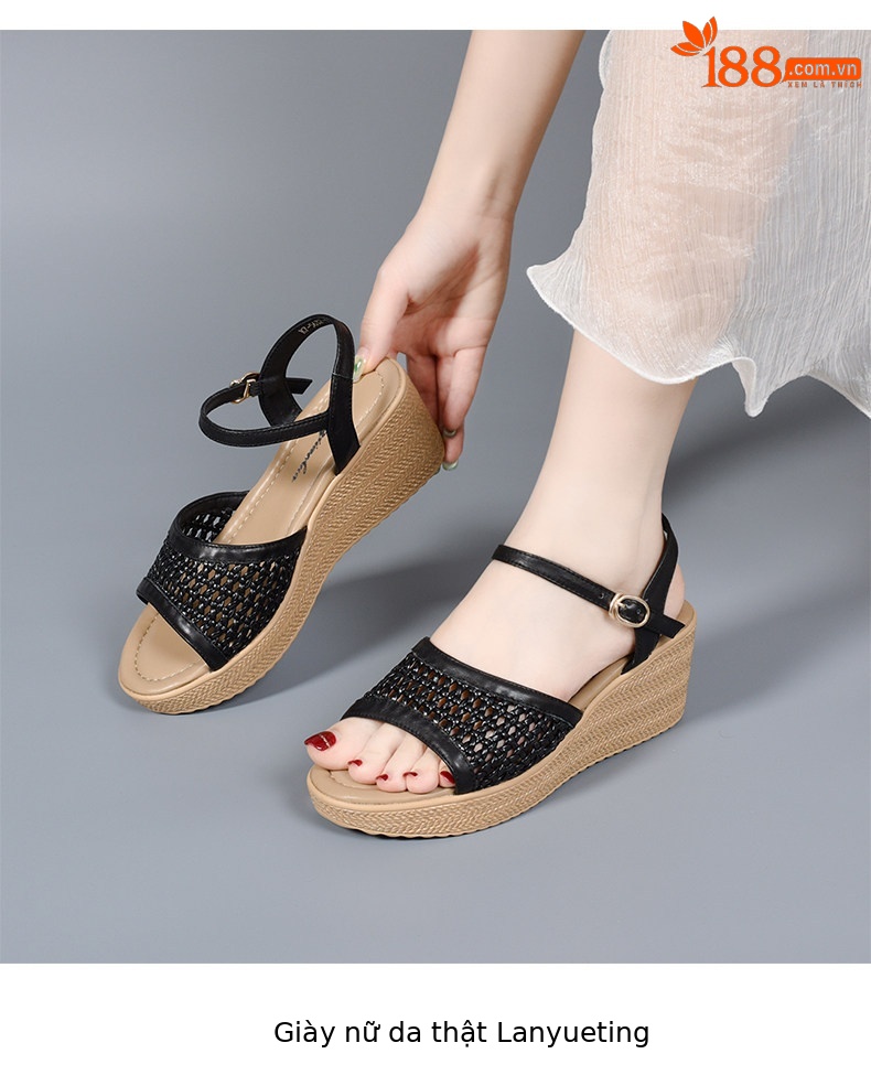 Sandal nữ đế xuồng tăng chiều cao quai ngang hở mũi — màu đen chi tiết 6