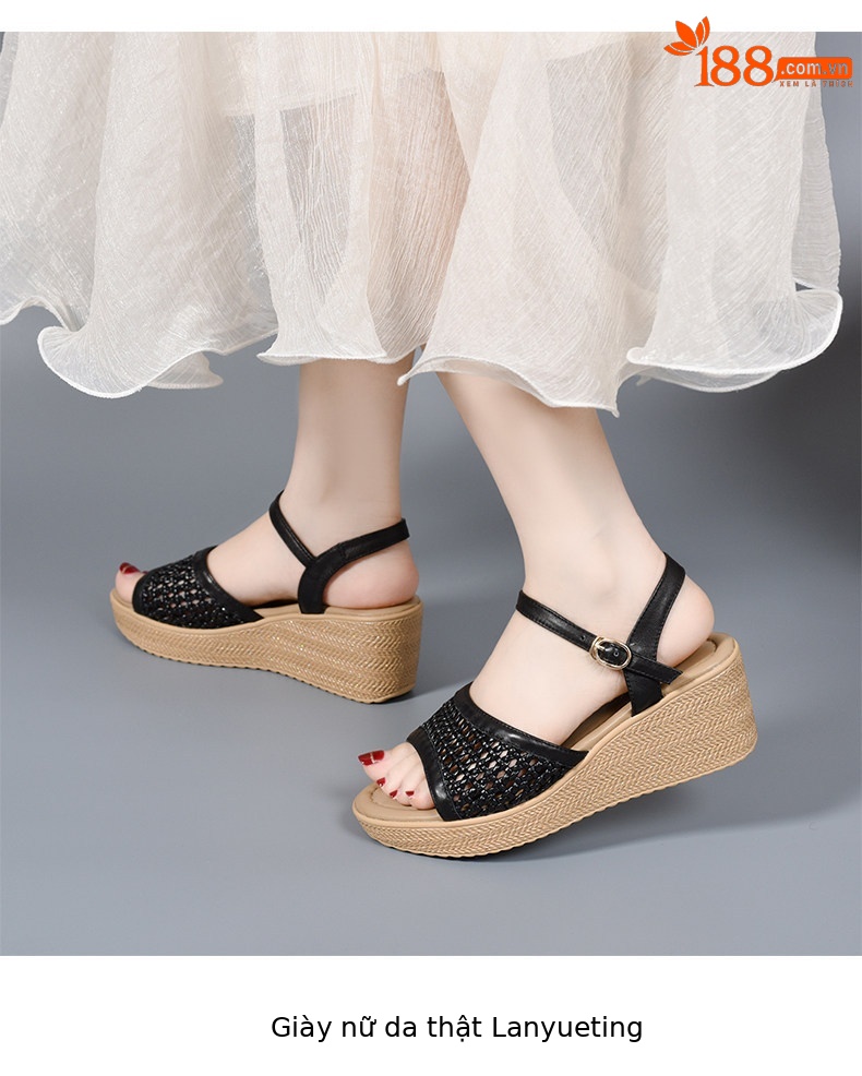 Sandal nữ đế xuồng tăng chiều cao quai ngang hở mũi — màu đen chi tiết 7