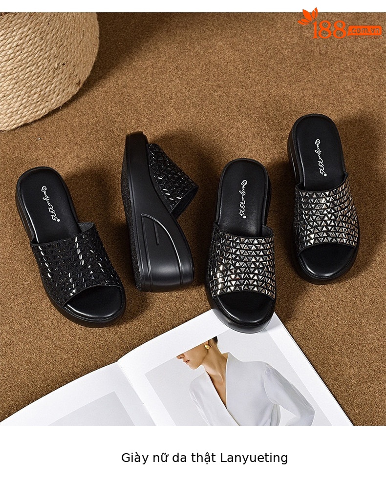 Dép sandal nữ đế xuồng bít mũi đính đá pha lê quai chữ V — màu đen chi tiết 3