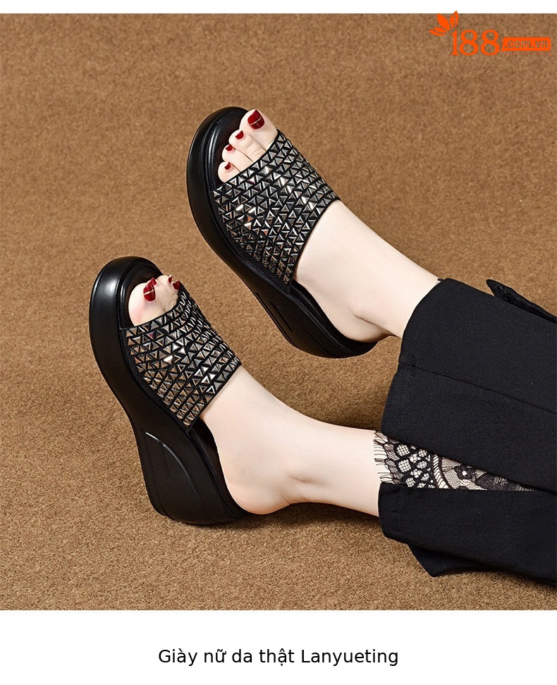 Dép sandal nữ đế xuồng bít mũi đính đá pha lê quai chữ V — màu đen chi tiết 6