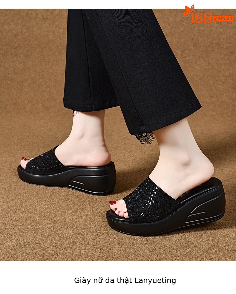 Dép sandal nữ đế xuồng bít mũi đính đá pha lê quai chữ V — màu đen chi tiết 7