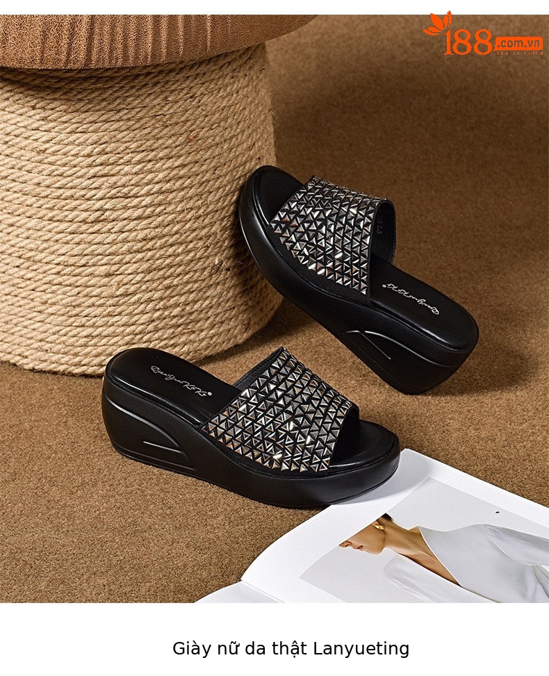 Dép sandal nữ đế xuồng bít mũi đính đá pha lê quai chữ V — màu đen chi tiết 8