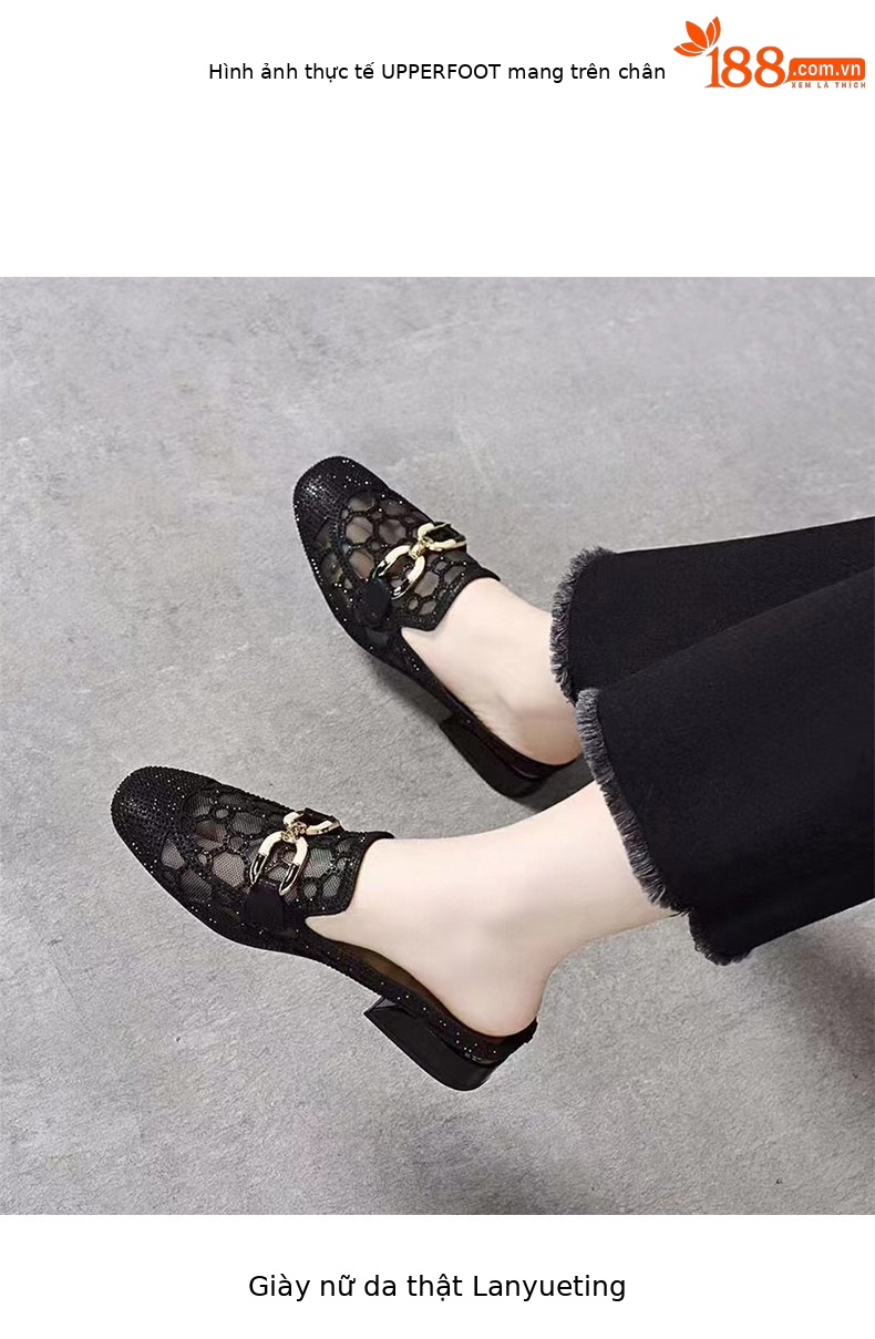 Dép sandal nữ mũi vuông lưới sợi gót thấp thoáng khí — màu đen chi tiết 2