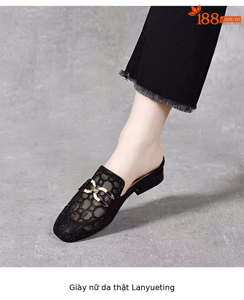 Dép sandal nữ mũi vuông lưới sợi gót thấp thoáng khí — màu đen chi tiết 3