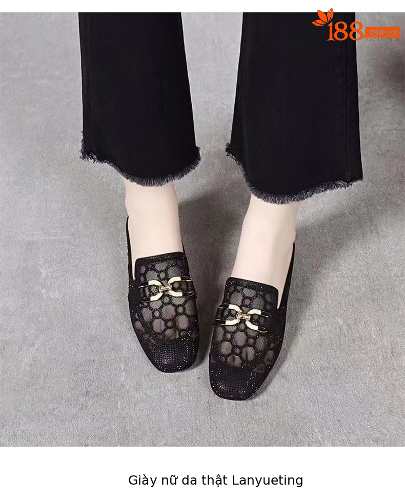 Dép sandal nữ mũi vuông lưới sợi gót thấp thoáng khí — màu đen chi tiết 4