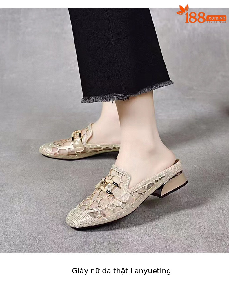Dép sandal nữ mũi vuông lưới sợi gót thấp thoáng khí — màu đen chi tiết 5