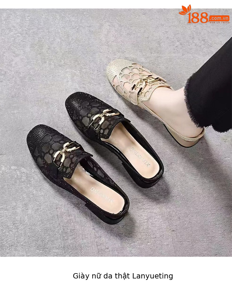 Dép sandal nữ mũi vuông lưới sợi gót thấp thoáng khí — màu đen chi tiết 6