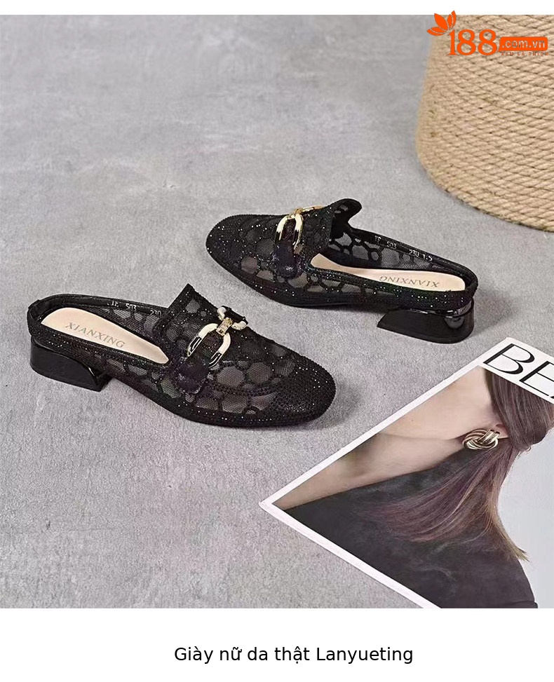 Dép sandal nữ mũi vuông lưới sợi gót thấp thoáng khí — màu đen chi tiết 7