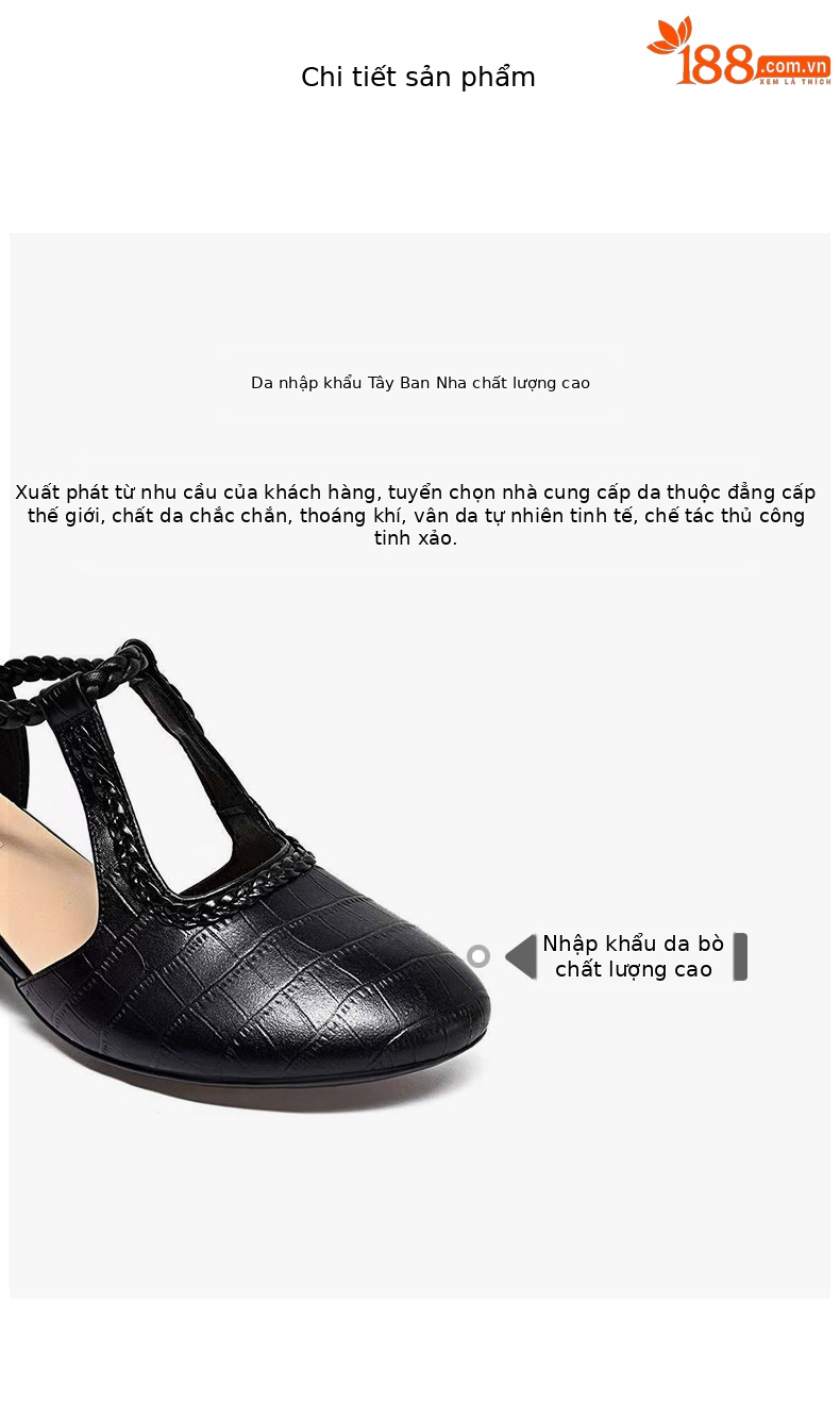 Sandal nữ quai ngang da thật gót thấp mũi tròn bít — màu đen chi tiết 2