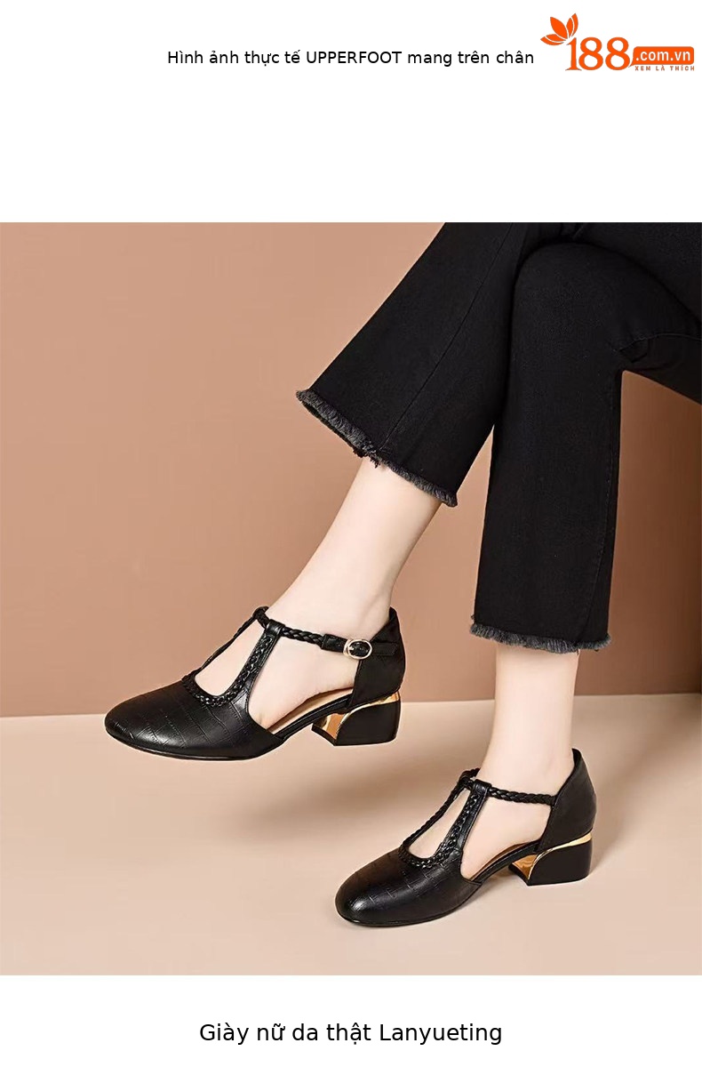 Sandal nữ quai ngang da thật gót thấp mũi tròn bít — màu đen chi tiết 3