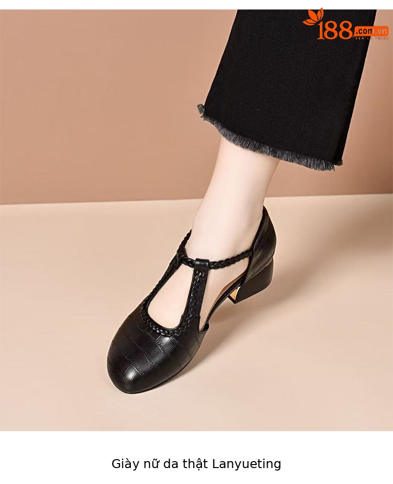 Sandal nữ quai ngang da thật gót thấp mũi tròn bít — màu đen chi tiết 4