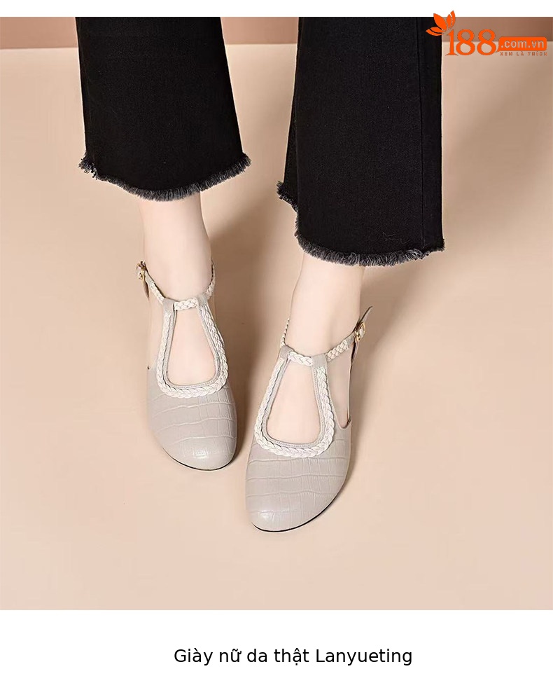 Sandal nữ quai ngang da thật gót thấp mũi tròn bít — màu đen chi tiết 5