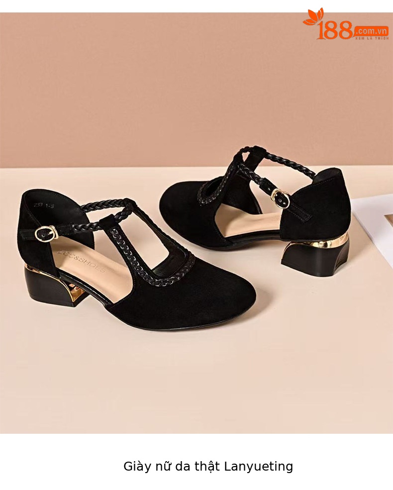 Sandal nữ quai ngang da thật gót thấp mũi tròn bít — màu đen chi tiết 7
