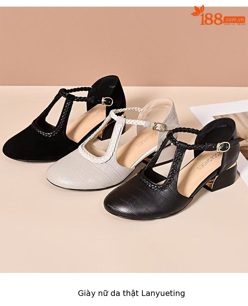 Sandal nữ quai ngang da thật gót thấp mũi tròn bít — màu đen chi tiết 8