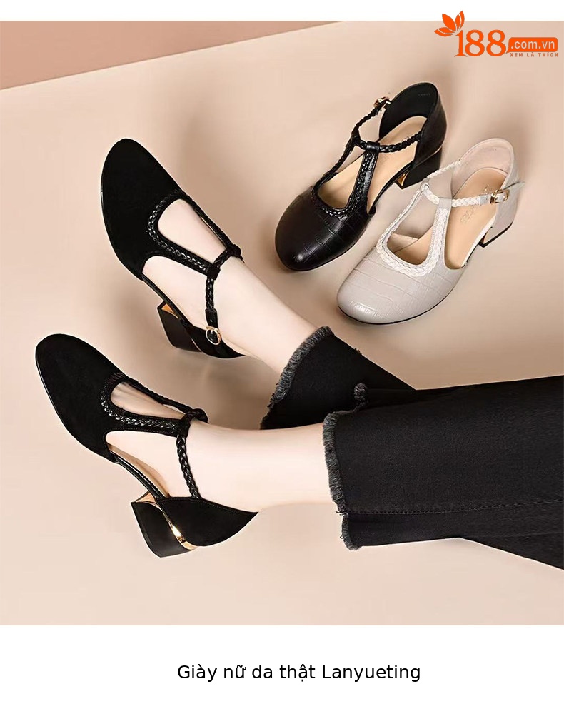 Sandal nữ quai ngang da thật gót thấp mũi tròn bít — màu đen chi tiết 9