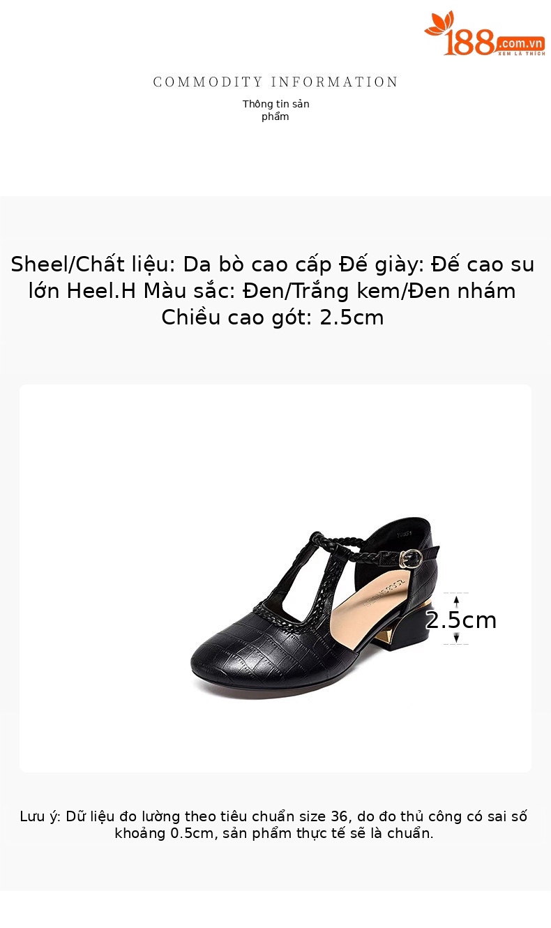 Sandal nữ quai ngang da thật gót thấp mũi tròn bít — màu đen chi tiết 1