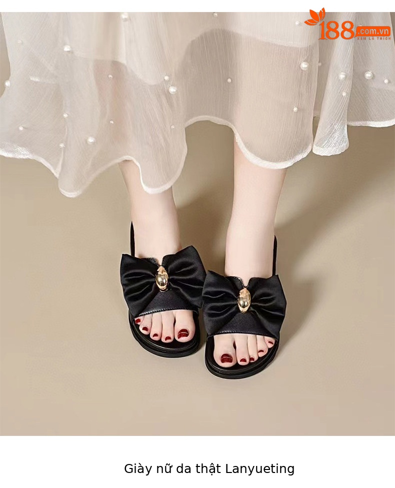 Dép sandal nữ đế dày nơ bướm quai chữ V hở mũi — màu đen chi tiết 5