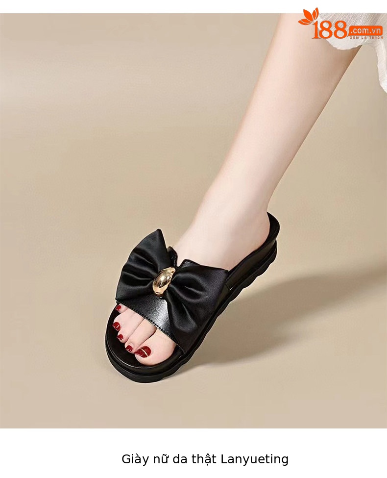 Dép sandal nữ đế dày nơ bướm quai chữ V hở mũi — màu đen chi tiết 6