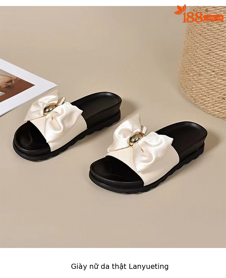 Dép sandal nữ đế dày nơ bướm quai chữ V hở mũi — màu đen chi tiết 8