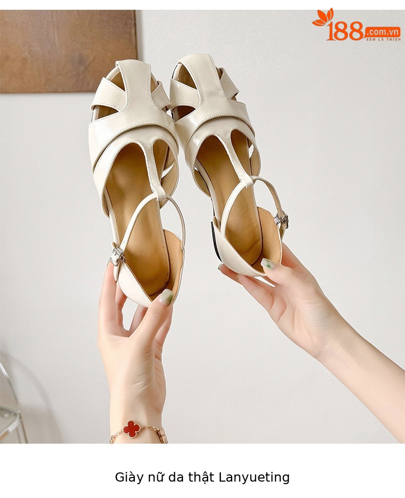 Sandal nữ da thật mũi tròn đế bệt quai ngang phong cách La Mã — màu đen chi tiết 4