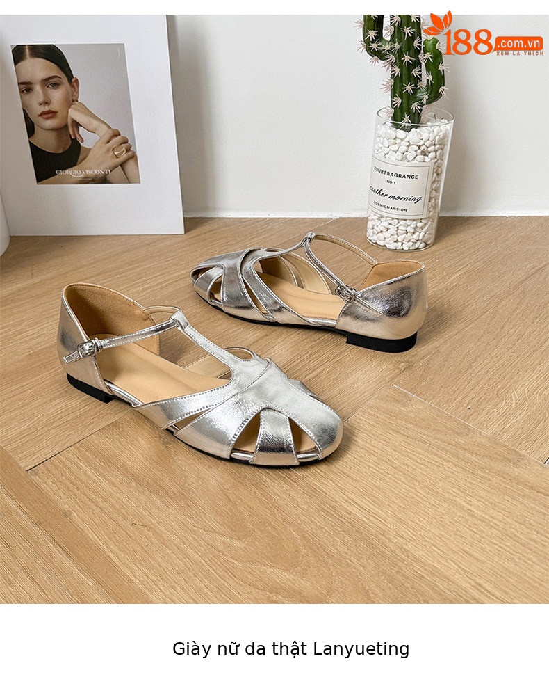 Sandal nữ da thật mũi tròn đế bệt quai ngang phong cách La Mã — màu đen chi tiết 8