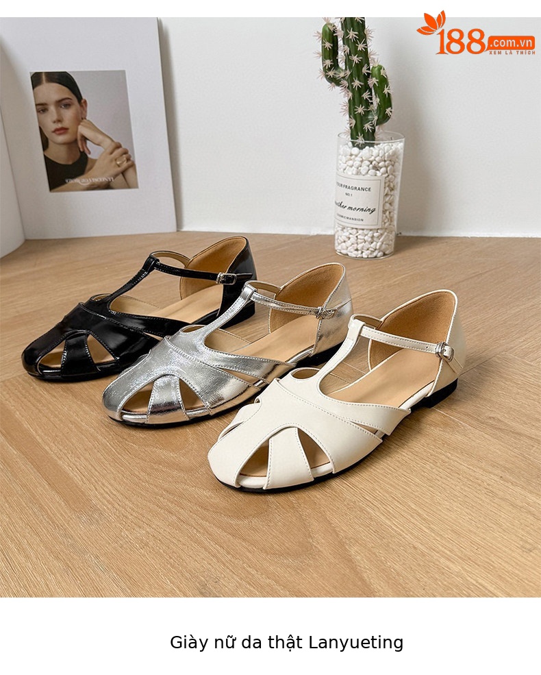 Sandal nữ da thật mũi tròn đế bệt quai ngang phong cách La Mã — màu đen chi tiết 9