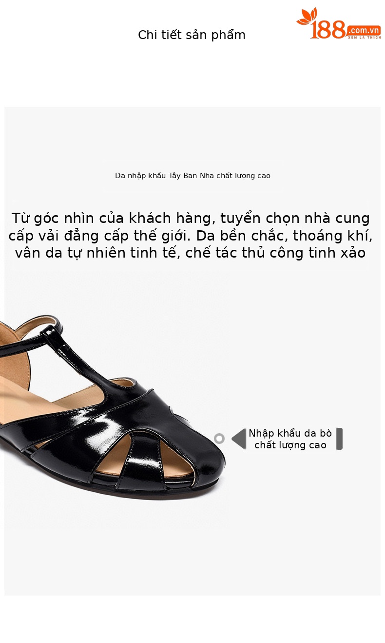 Sandal nữ da thật mũi tròn đế bệt quai ngang phong cách La Mã — màu đen chi tiết 2