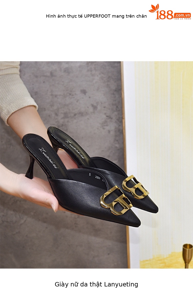 Sandal nữ mũi nhọn gót nhọn 7 cm phong cách Anh quốc da thật — màu đen chi tiết 3