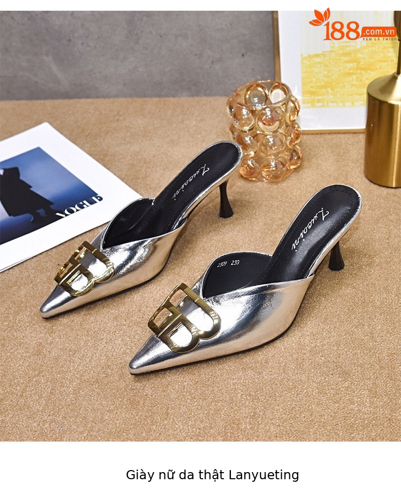 Sandal nữ mũi nhọn gót nhọn 7 cm phong cách Anh quốc da thật — màu đen chi tiết 8