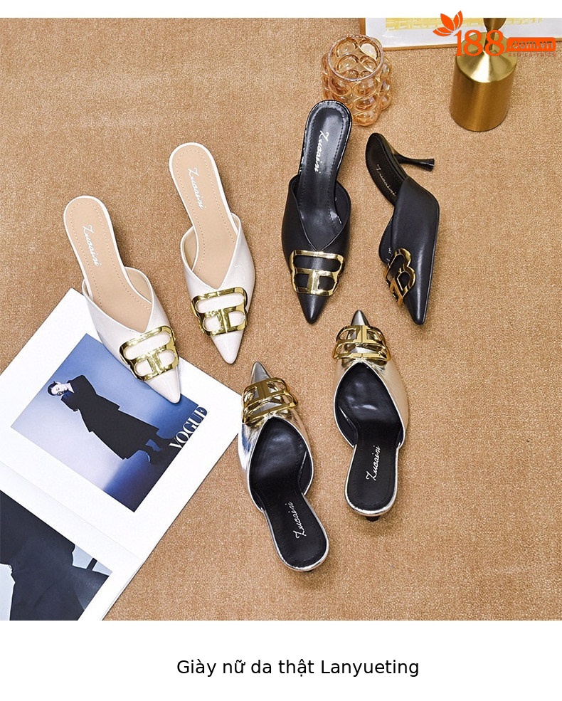 Sandal nữ mũi nhọn gót nhọn 7 cm phong cách Anh quốc da thật — màu đen chi tiết 9