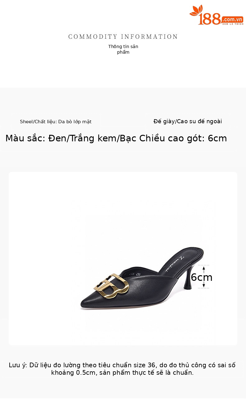 Sandal nữ mũi nhọn gót nhọn 7 cm phong cách Anh quốc da thật — màu đen chi tiết 1