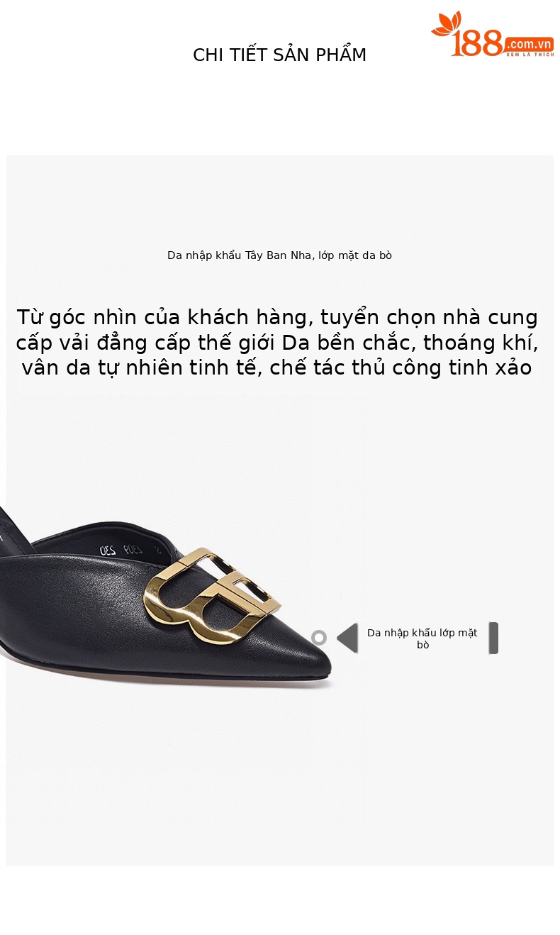 Sandal nữ mũi nhọn gót nhọn 7 cm phong cách Anh quốc da thật — màu đen chi tiết 2