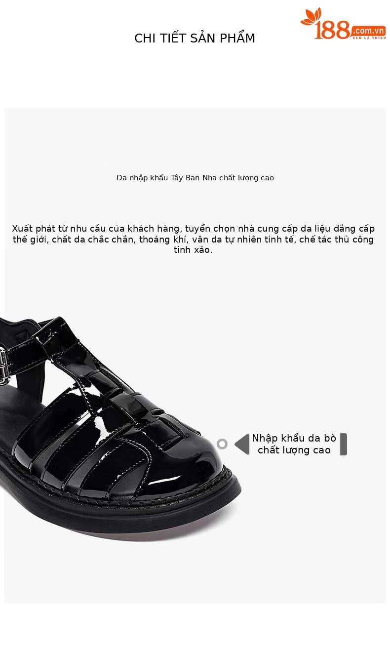 Sandal nữ da thật quai chữ V mũi tròn đế bệt — màu đen chi tiết 2