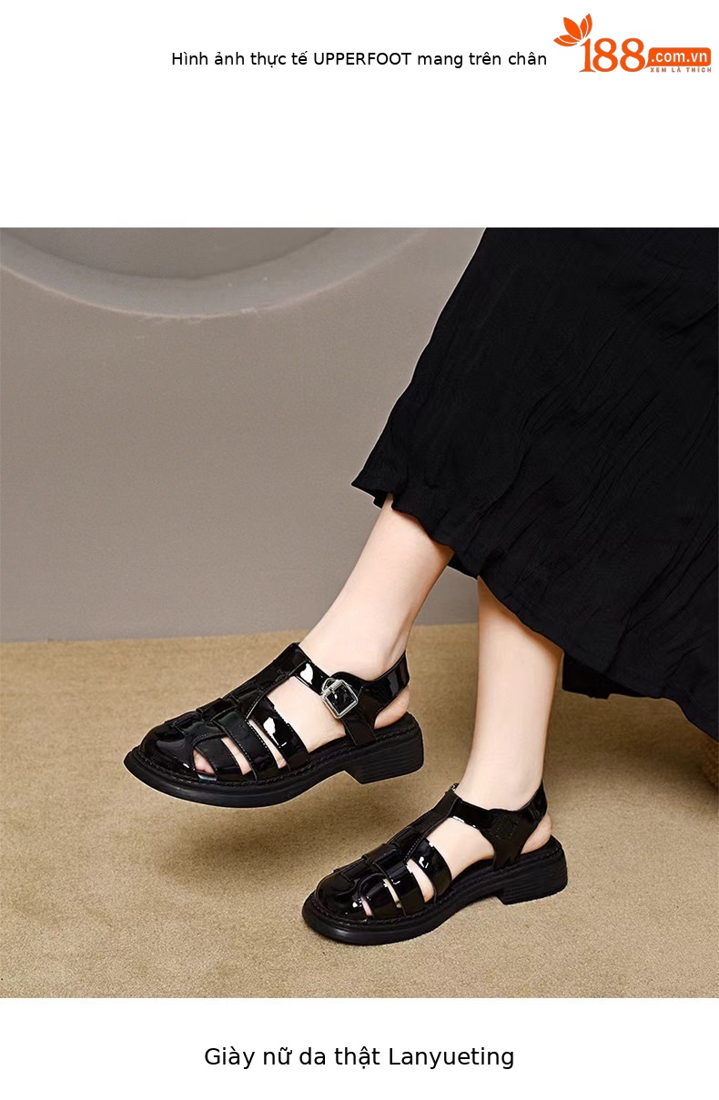 Sandal nữ da thật quai chữ V mũi tròn đế bệt — màu đen chi tiết 3