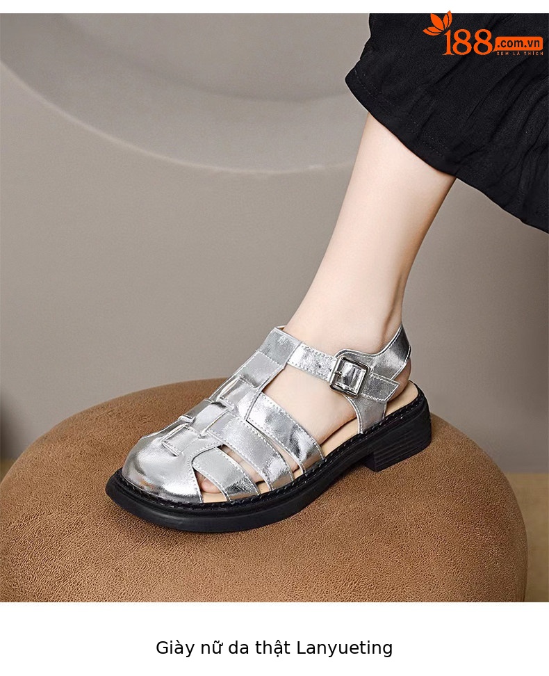 Sandal nữ da thật quai chữ V mũi tròn đế bệt — màu đen chi tiết 4