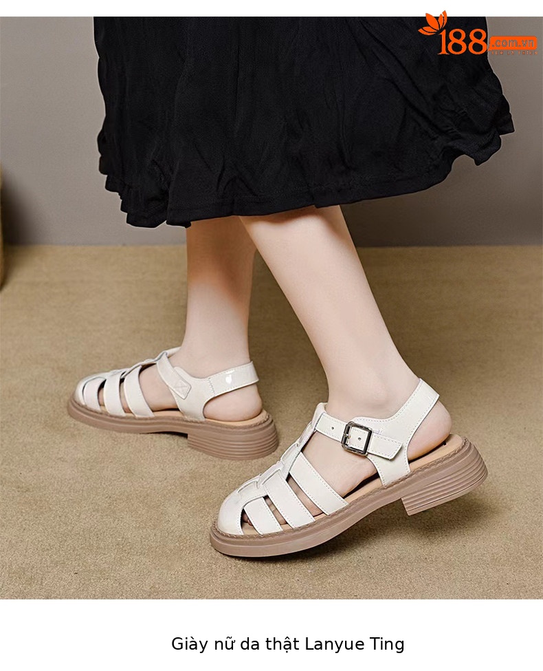 Sandal nữ da thật quai chữ V mũi tròn đế bệt — màu đen chi tiết 5
