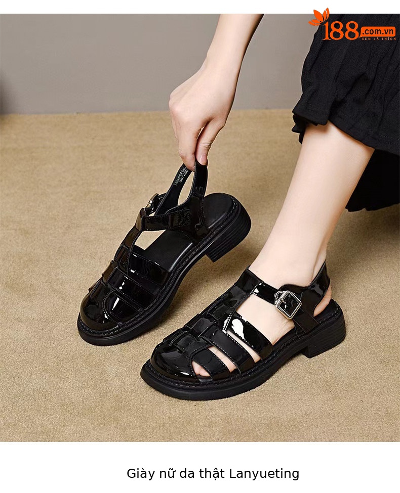 Sandal nữ da thật quai chữ V mũi tròn đế bệt — màu đen chi tiết 7