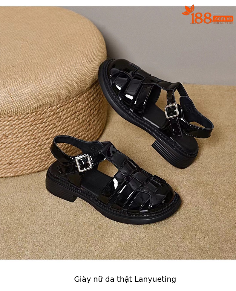 Sandal nữ da thật quai chữ V mũi tròn đế bệt — màu đen chi tiết 8